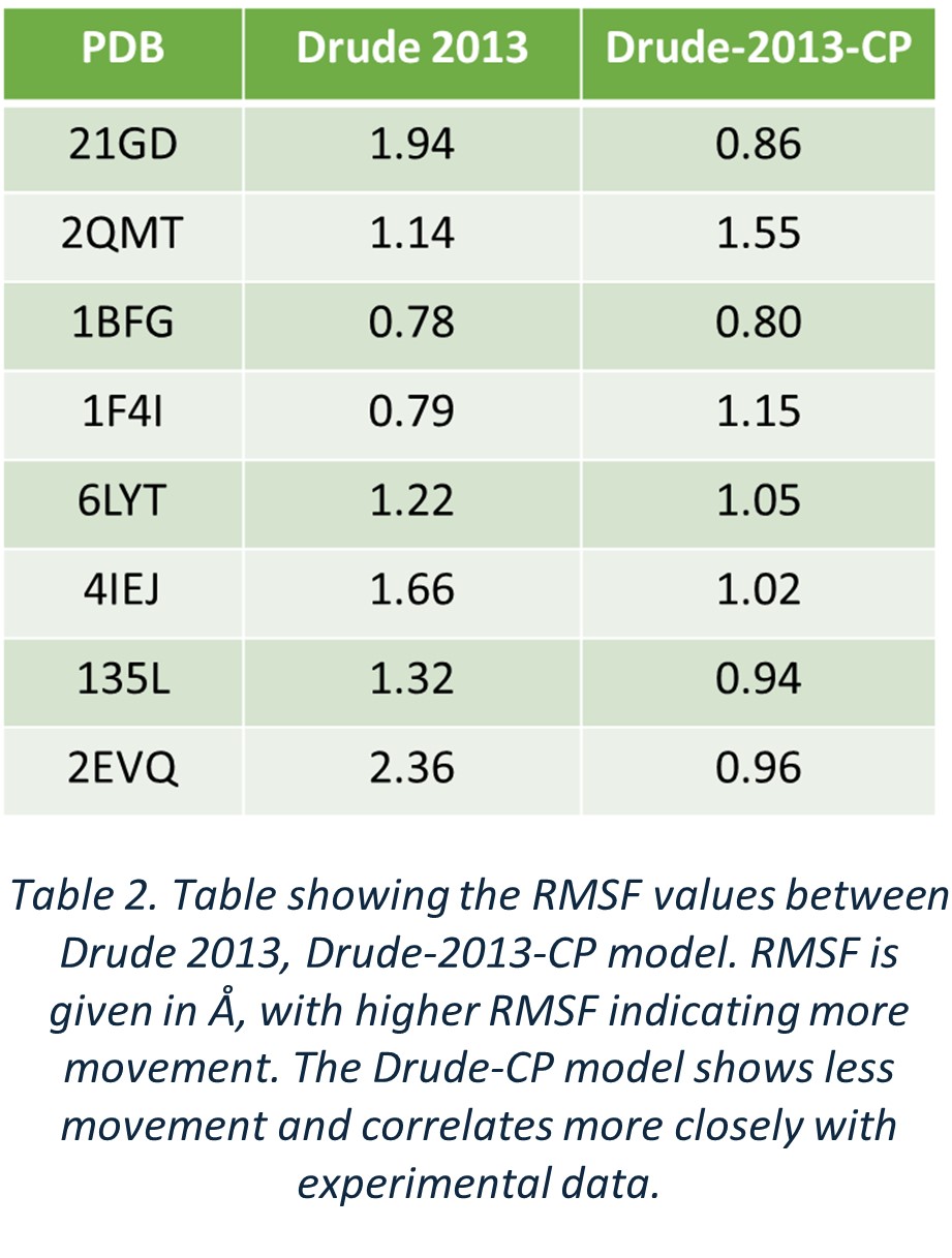 Table 2. Table showing the RMSF values between Drude 2013, Drude-2013-CP model. RMSF is given in Å, with higher RMSF indicating more movement. The Drude-CP model shows less movement and correlates more closely with experimental data.